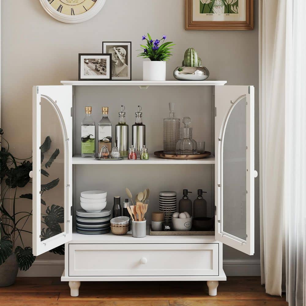 White storage cabinet display in a room.