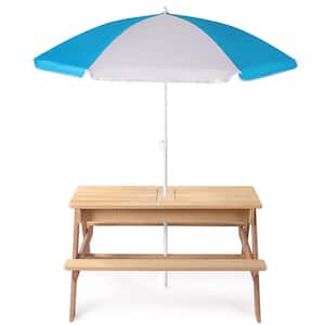 3-in-1 Kids Outdoor Wooden Picnic Table With Umbrella, Convertible Sand and Wate, Natural