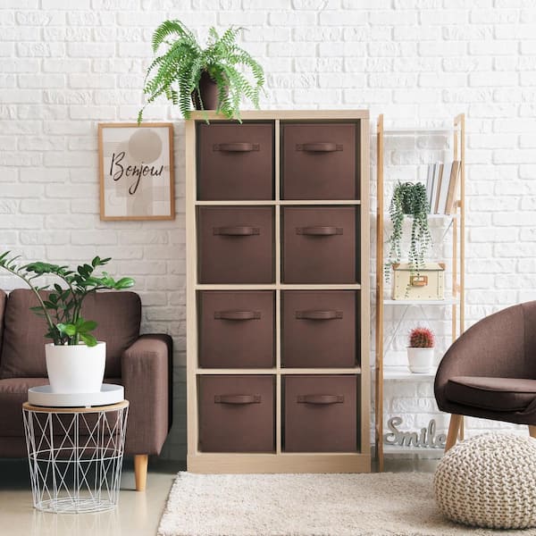 Storage Cubes with Handles, Brown 13 in. x 13 in. H Fabric Decorative Basket Set of 8, Large Foldable Closet Organizer