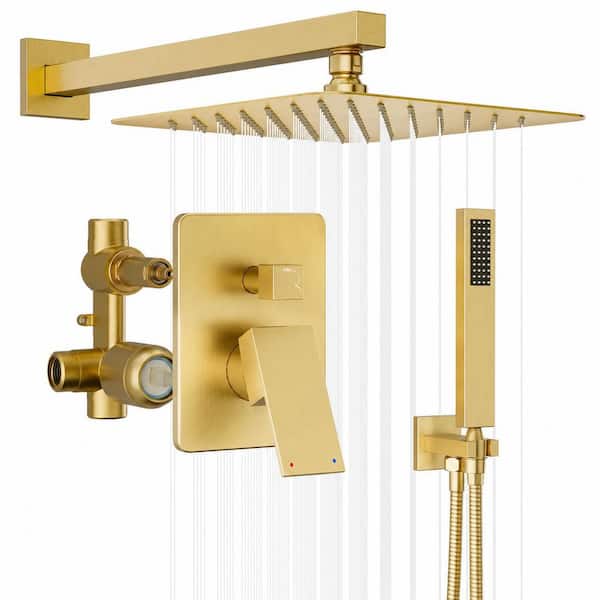 Brushed Gold Shower Faucet Set with 10 in. Rain Showerhead and Handheld Combo, Includes Valve and Trim Kit