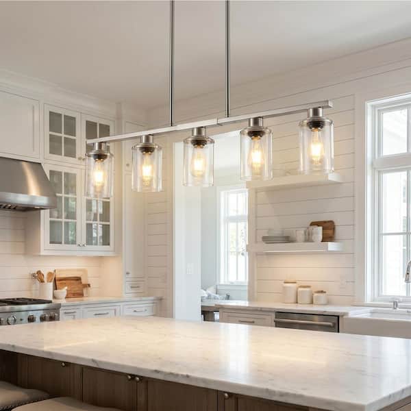 5 Light Brushed Nickel Chandelier with Clear Glass Shade for Dining Room, Living Room with no bulbs included