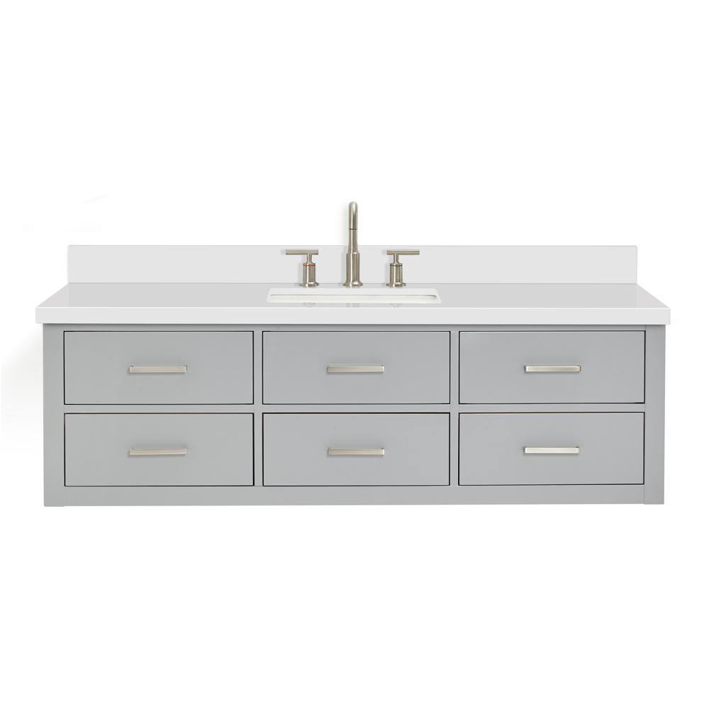 Hutton 61" Gray Wood Floating Vanity with White Quartz Top