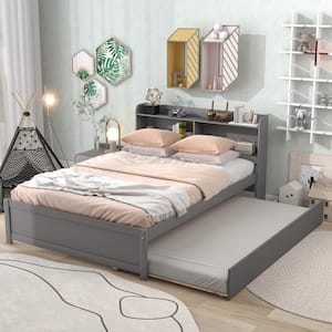 Gray Wood Frame Full Size Platform Bed with Trundle and Bookcase