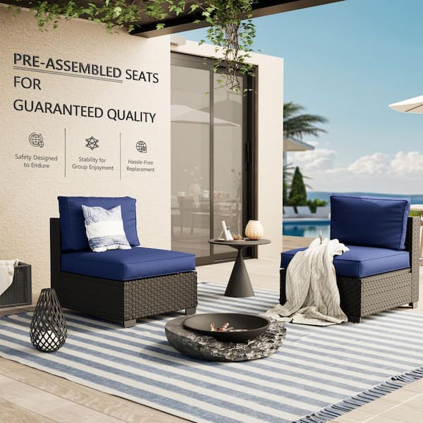 2-Piece Wicker Rattan Outdoor Patio Conversation Sectional Seating Set with Coffee Tables, Blue Cushion (2-Seats)