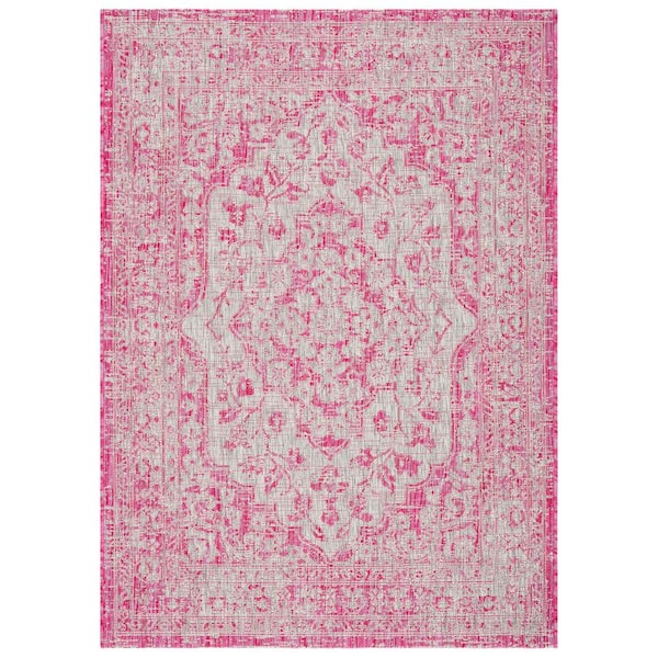 Courtyard Fuchsia/Gray 2 ft. x 4 ft. Floral Medallion Indoor/Outdoor Area Rug