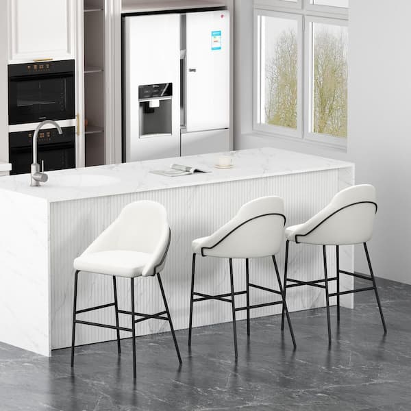 Manhattan Comfort Gracie 29.1 in. Modern White and Black Metal Frame Bar Stool with Faux Leather Upholstered Seat (Set of 3)