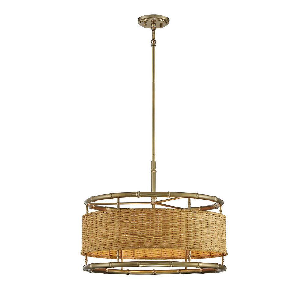 Arcadia Warm Brass and Natural Rattan 6-Light Drum Pendant