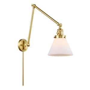 Cone 8 in. 1-Light Satin Gold Wall Sconce with Matte White Glass Shade with On/Off Turn Switch