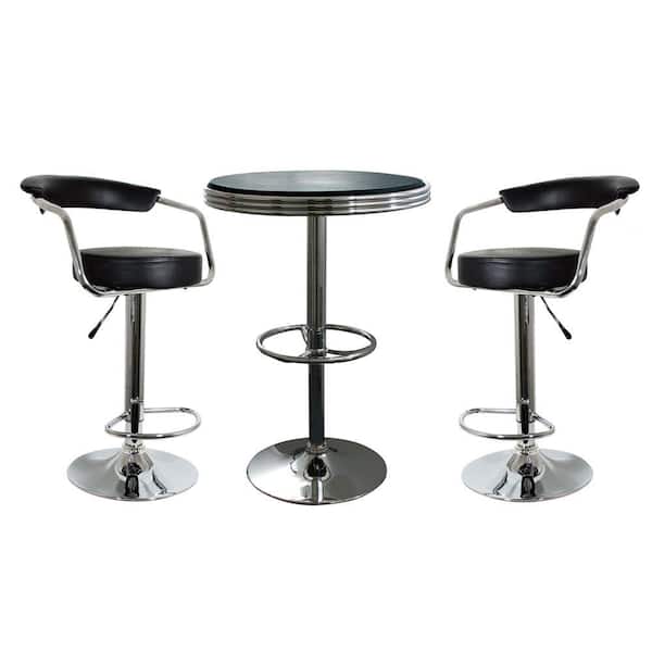 AmeriHome Retro Style 37 in. Adjustable Height Bar Table Set in Black with Padded Chairs(3-Piece)
