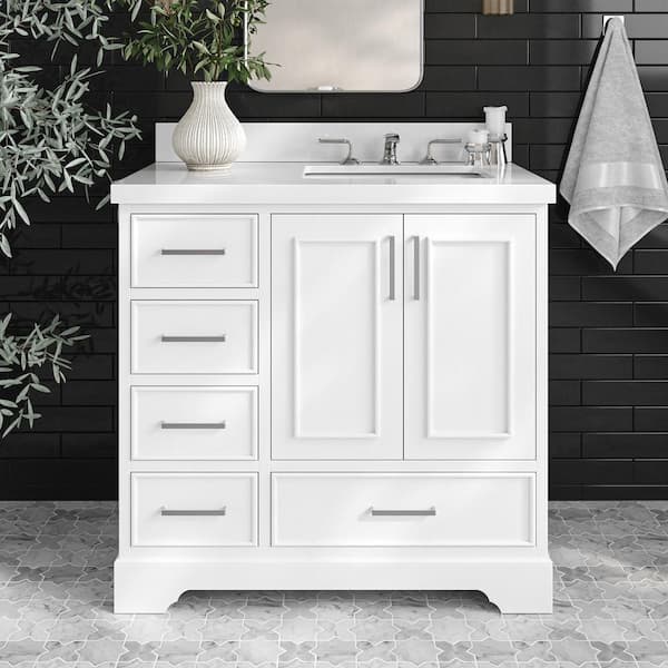 ARIEL Stafford 37 in. W x 22 in. D x 36 in. H Right Single Sink Freestanding Bath Vanity in White with Pure White Quartz Top