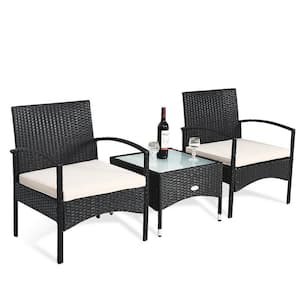 Black 3-Piece Rattan Wicker Patio Conversation Set Table and 2 Chair with Beige Cushions