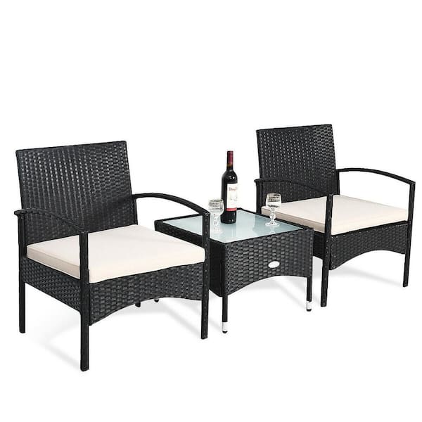 Gymax 3-Piece Patio Wicker Rattan Furniture Set Coffee Table and 2 Rattan Chair with Beige Cushion