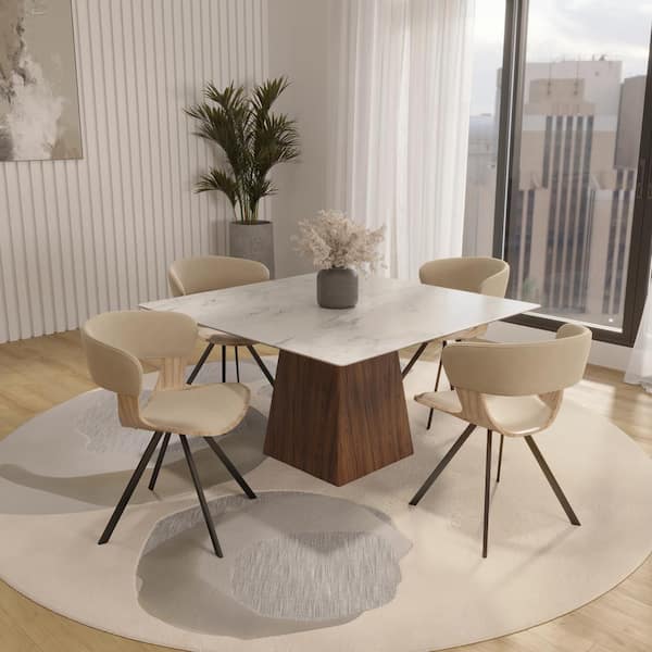 Leisuremod Dining Chair Upholstered in Leather Velvet with Curved Open Back Design and Iron Legs in Washed Walnut/Taupe