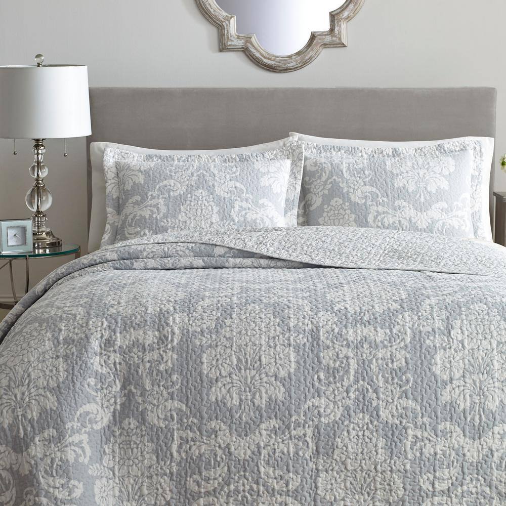 Gray Twin Cotton Reversible Quilt Set with Floral Pattern