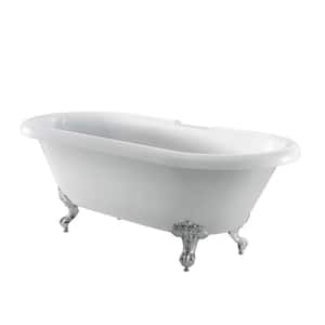 Claudia 67 in. Acrylic Double Roll Top Clawfoot Non-Whirlpool Bathtub in White with Faucet Holes in Deck and CP Feet