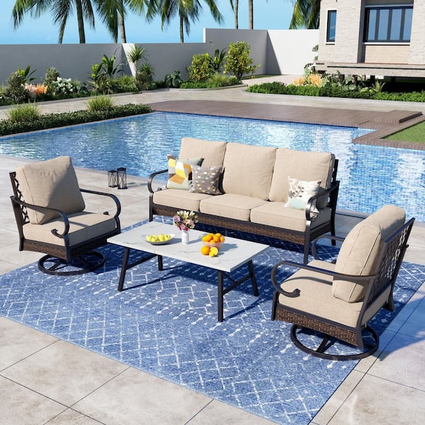 PHI VILLA 4-Piece Black Metal Outdoor Patio Conversation Set with Swivel Chairs, Marbling Coffee Table and Beige Cushions