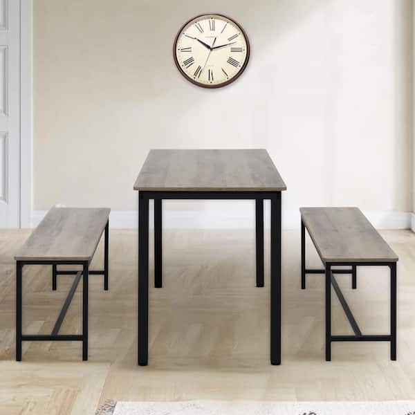 43.30" Gray 3-Piece Dining Table Set with Benches for 4-Compact Kitchen & Dining Room Furniture