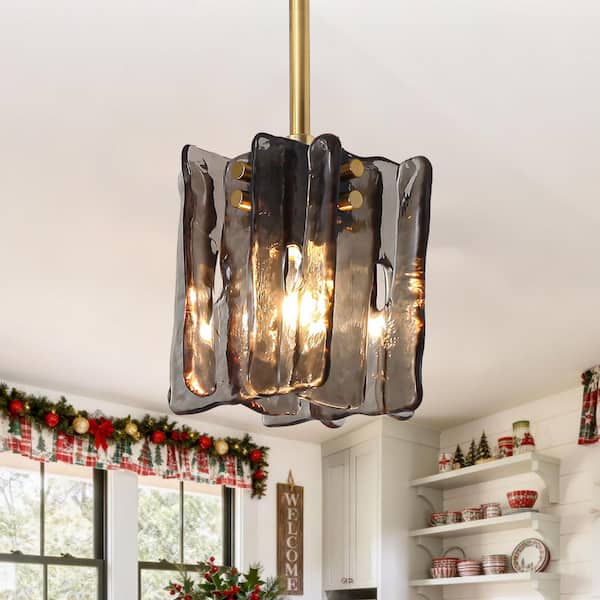 4.7 in. Modern 1-Light Brass Mini Pendant Light with Square Textured Smoky Gray Glass Shade