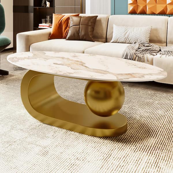 Harper & Bright Designs Modern 47.2 in. White Oval Sintered Stone Top Coffee Table with Marbling Pattern and Gold Metal Base