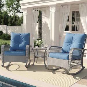 3-Piece Gray Wicker Patio Conversation Set 2 Rocking Chairs with Blue Cushions and Side Table