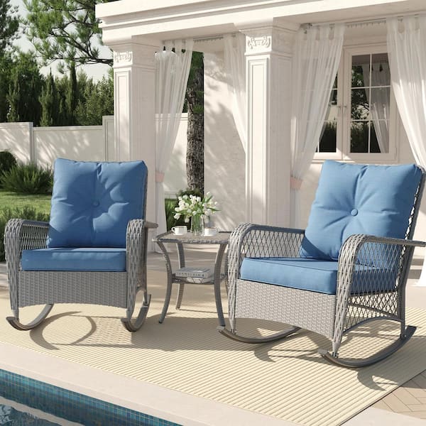 Unbranded 3-Piece Gray Wicker Patio Conversation Set 2 Rocking Chairs with Blue Cushions and Side Table