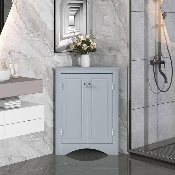 EPOWP 17.2 in. W x 17.2 in. D x 31.5 in. H Blue MDF Freestanding Corner Linen Cabinet with Adjustable Shelves in Blue