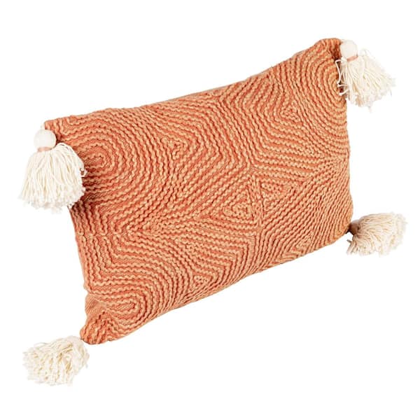 Storied Home Cotton Lumbar Pillow with Embroidery and Tassels, Rust and Natural