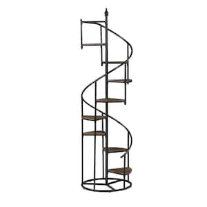 20 in. Wide Brown and Black 8-Shelf Wood Staircase Design Bookcase with Spiral Metal Frame
