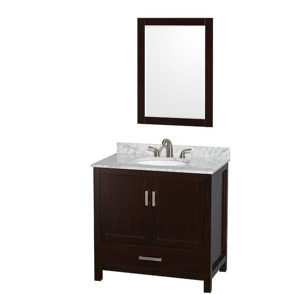 Wyndham Collection Sheffield 36 in. W x 22 in. D x 35 in. H Single Bath Vanity in Espresso with White Carrara Marble Top and 24" Mirror