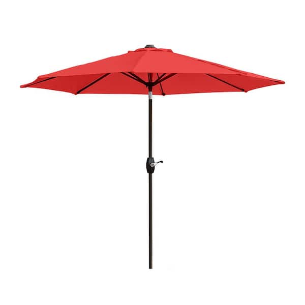 Sunshadow 9 ft. Market Tilt and Crank Table Patio Umbrella with Round Resin Base in Red