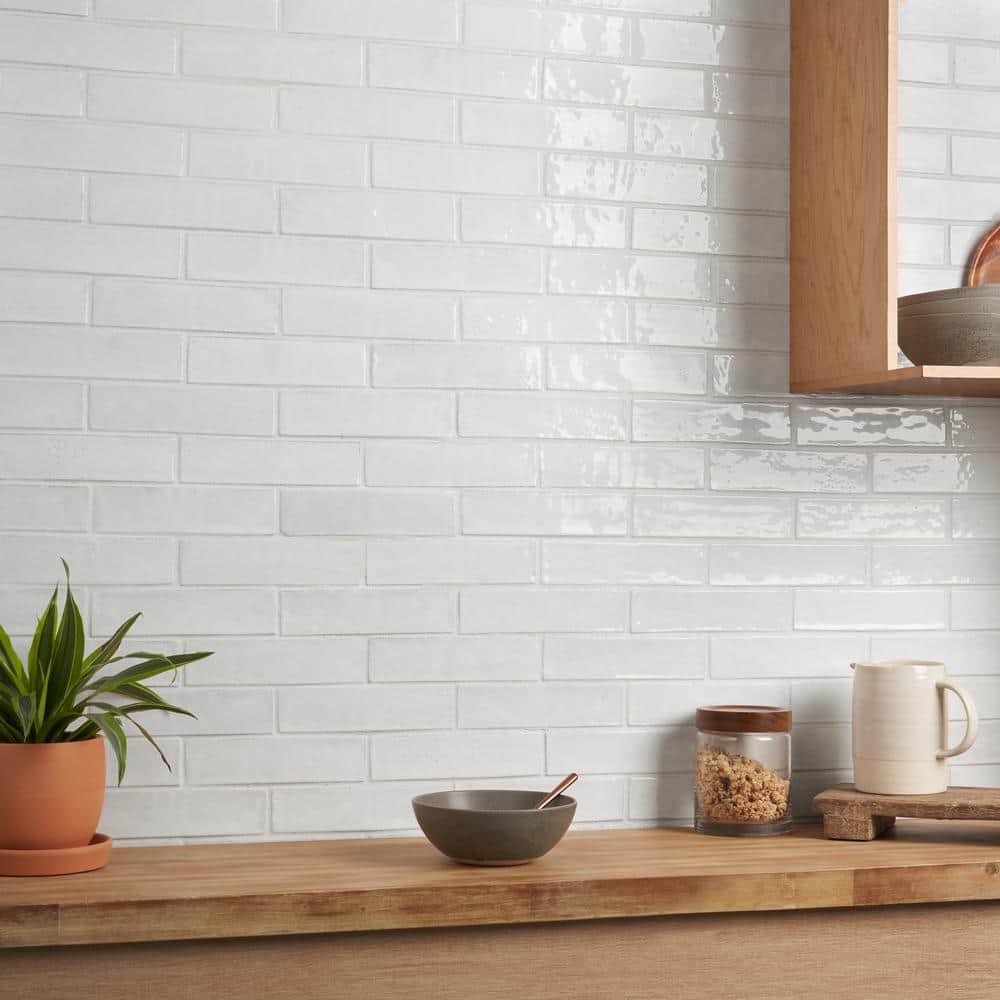 Orion White Glossy Ceramic Subway Wall Tile 2" x 8"