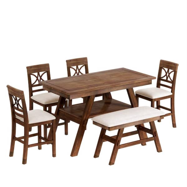 6-Piece Rustic Walnut Wood Top Dining Room Set with Bench and 4 Chairs Seats 5