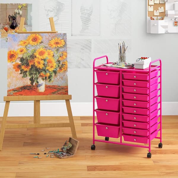 15-Drawer Rolling Storage Cart Opaque Multicolor Drawers Home Organizer Mixed Hot Pink