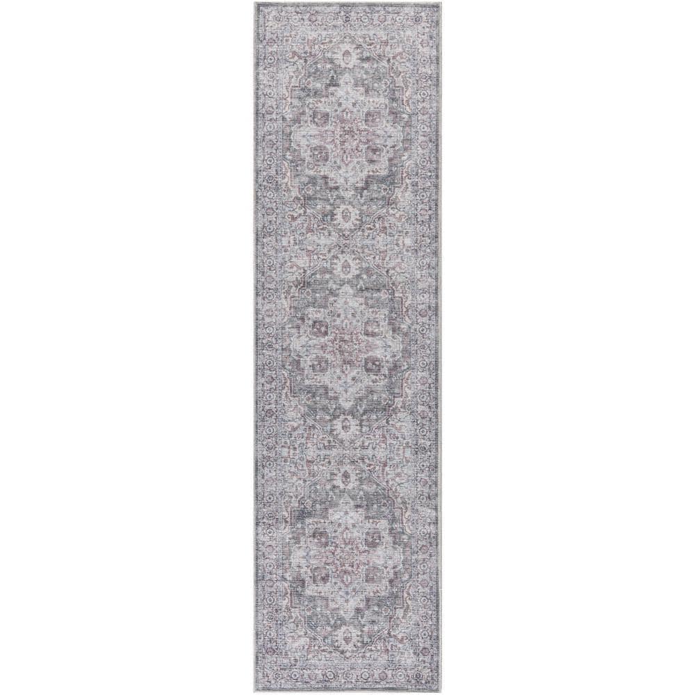 Machine Washable Series 1 Ivory Grey 2 ft. x 12 ft. Distressed Traditional 