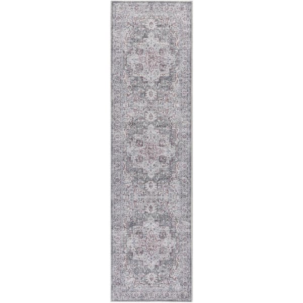 Unbranded Machine Washable Series 1 Ivory Grey 2 ft. x 12 ft. Distressed Traditional Runner Area Rug