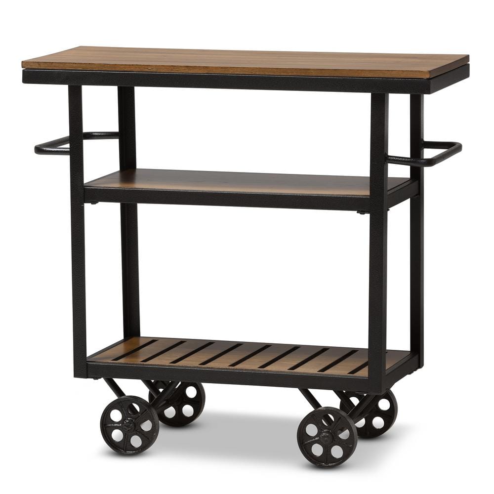 Antique Black & Distressed Oak Wood Mobile Bar Cart with Wine Rack