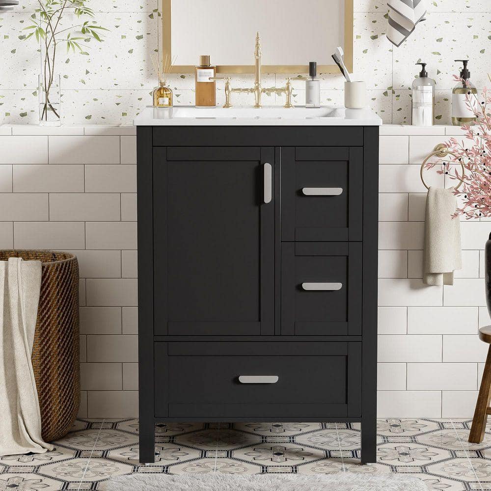 FAMYYT 24 in.W Single Sink Freestanding Black Solid Wood Frame