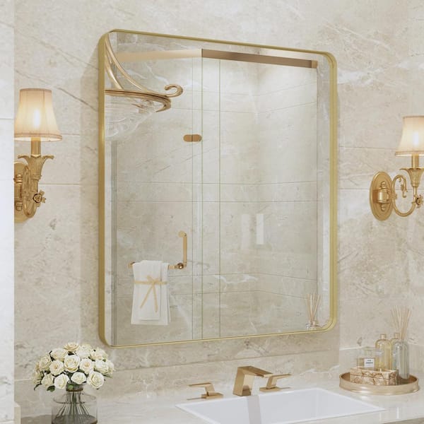 Klajowp 36 in. W x 32 in. H Rectangular Framed Wall Mounted Bathroom Vanity Mirror in Brushed Gold