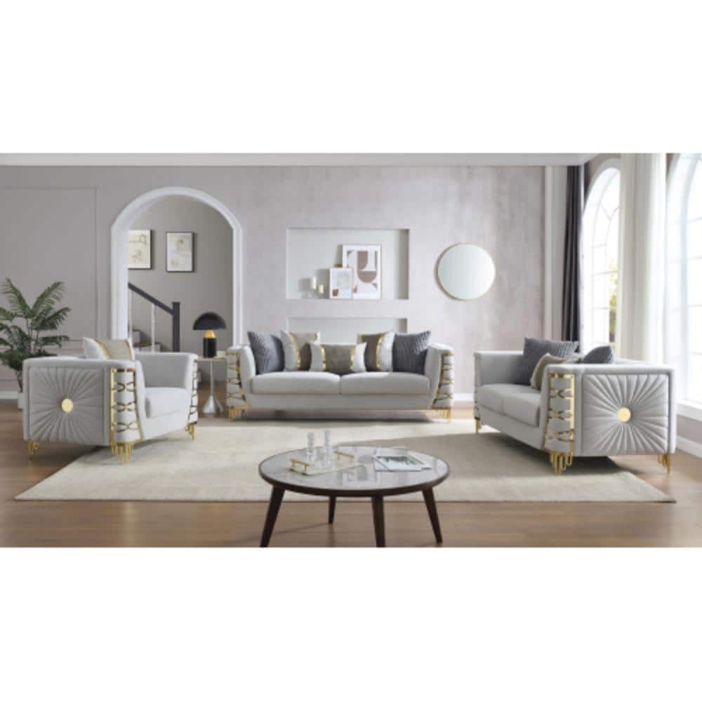 Modern 3-Pc Living Room Set – Sofa + Loveseat + Accent Chair, Velvet Fabric, Gold Accents, Gray