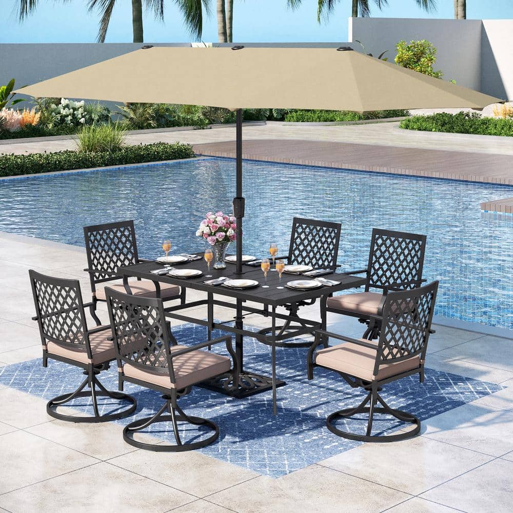 PHI VILLA 8-Piece Metal Outdoor Patio Dining Set with with Beige Cushions and Umbrella THD7-426049059 - The Home Depot