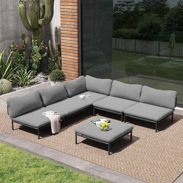 Crestlive Products 6-Piece Drawcord Metal Outdoor Sectional Set with Dark Gray Cushions