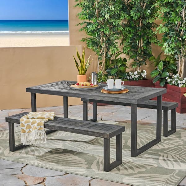 Noble House Nestor Dark Grey 3-Piece Wood Outdoor Dining Set