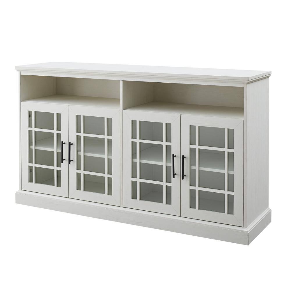 Brushed White Glass Door TV Stand with Cabinet, 58 Inch