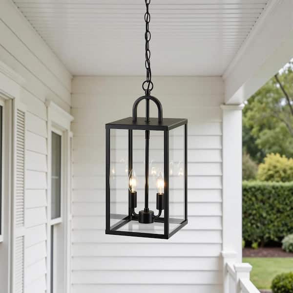 19.25 in. 2-Light Sandy Black Lantern Outdoor Pendant Lights with Clear Tempered Glass, No Motion Sensing