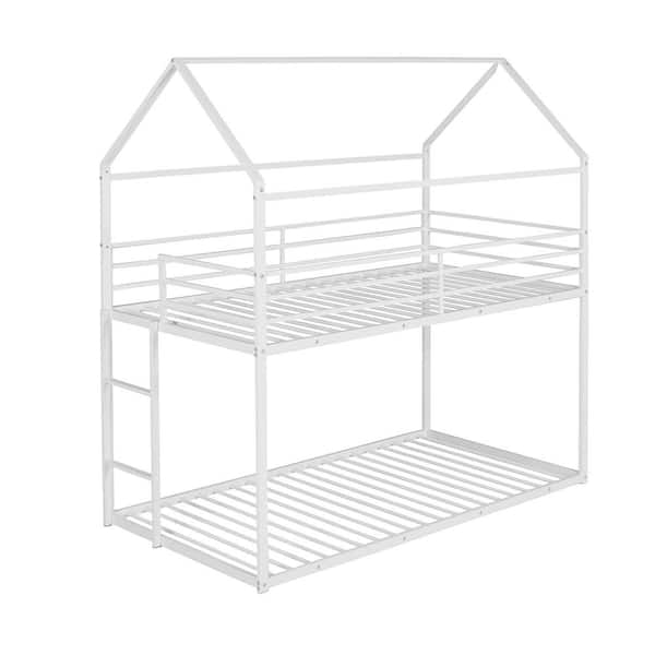 Polibi White Twin over Twin Metal Frame Ladder Bunk Beds with Ladder for Kids