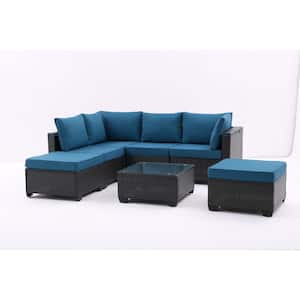 7-Piece Dark Coffee Wicker Outdoor Sectional Set with Corner Chairs Ottomans Glass Top Table and Peacock Blue Cushions