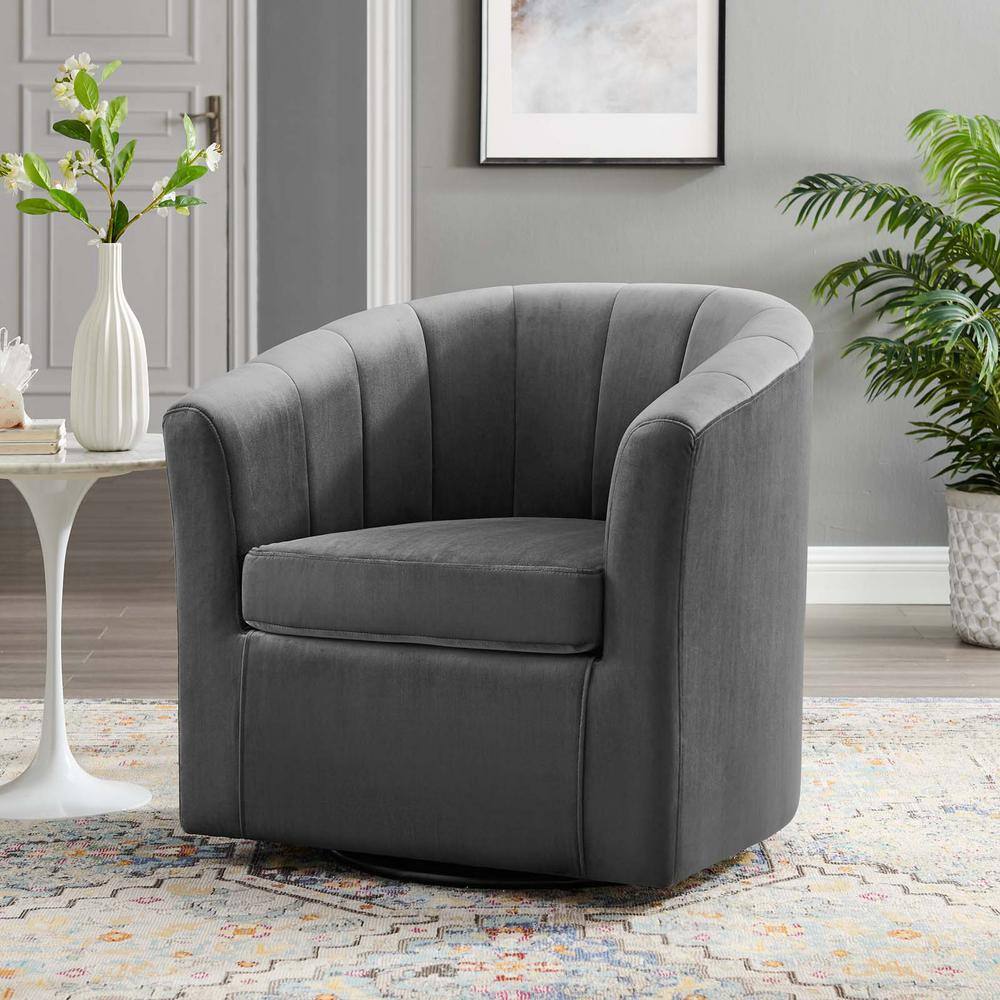 Charcoal Velvet Channel Tufted Swivel Barrel Chair