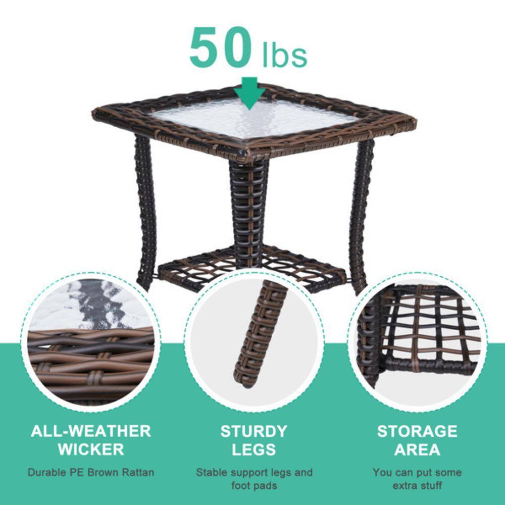 Brown Wicker and Glass Outdoor Square End Table