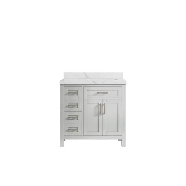 Willow Collections Cambridge 36 in. W x 22 in. D x 36 in. H Right Offset Sink Bath Vanity in Gray with 2 in. Calacatta Quartz Top