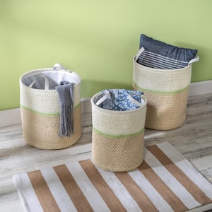 Natural / Green Small Nesting Paper Straw Baskets with Handles (Set of 3)